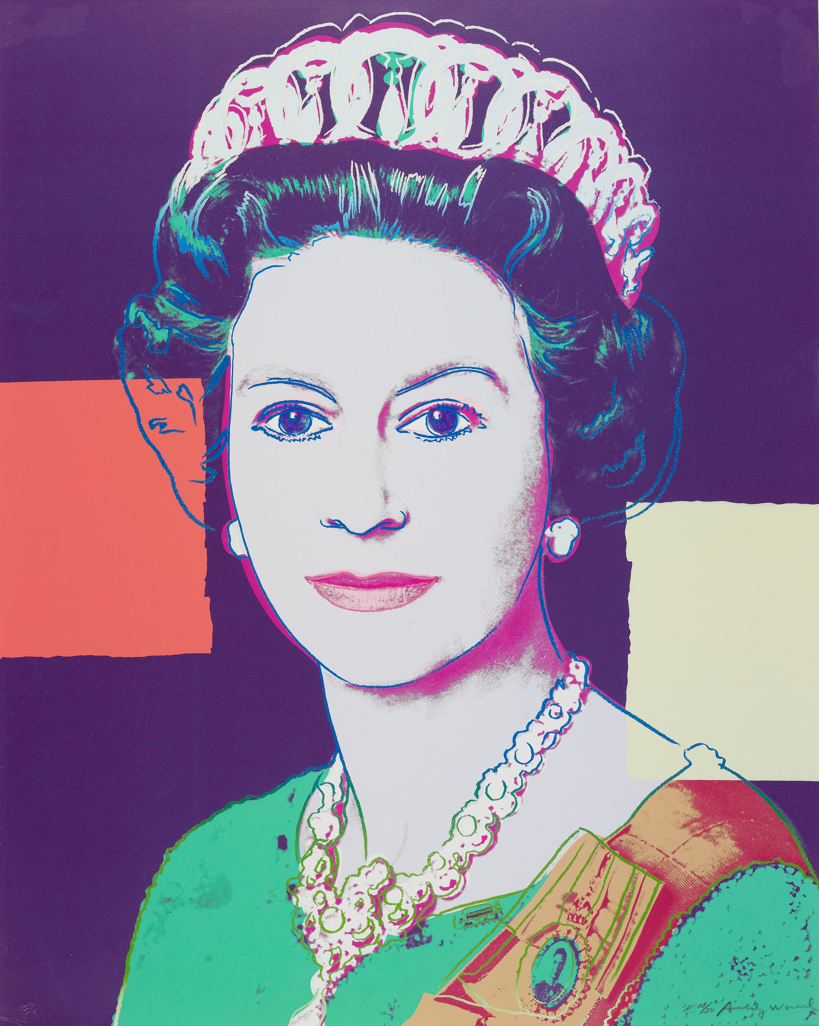 A portrait by Andy Warhol of Queen Elizabeth II with lots of different colours