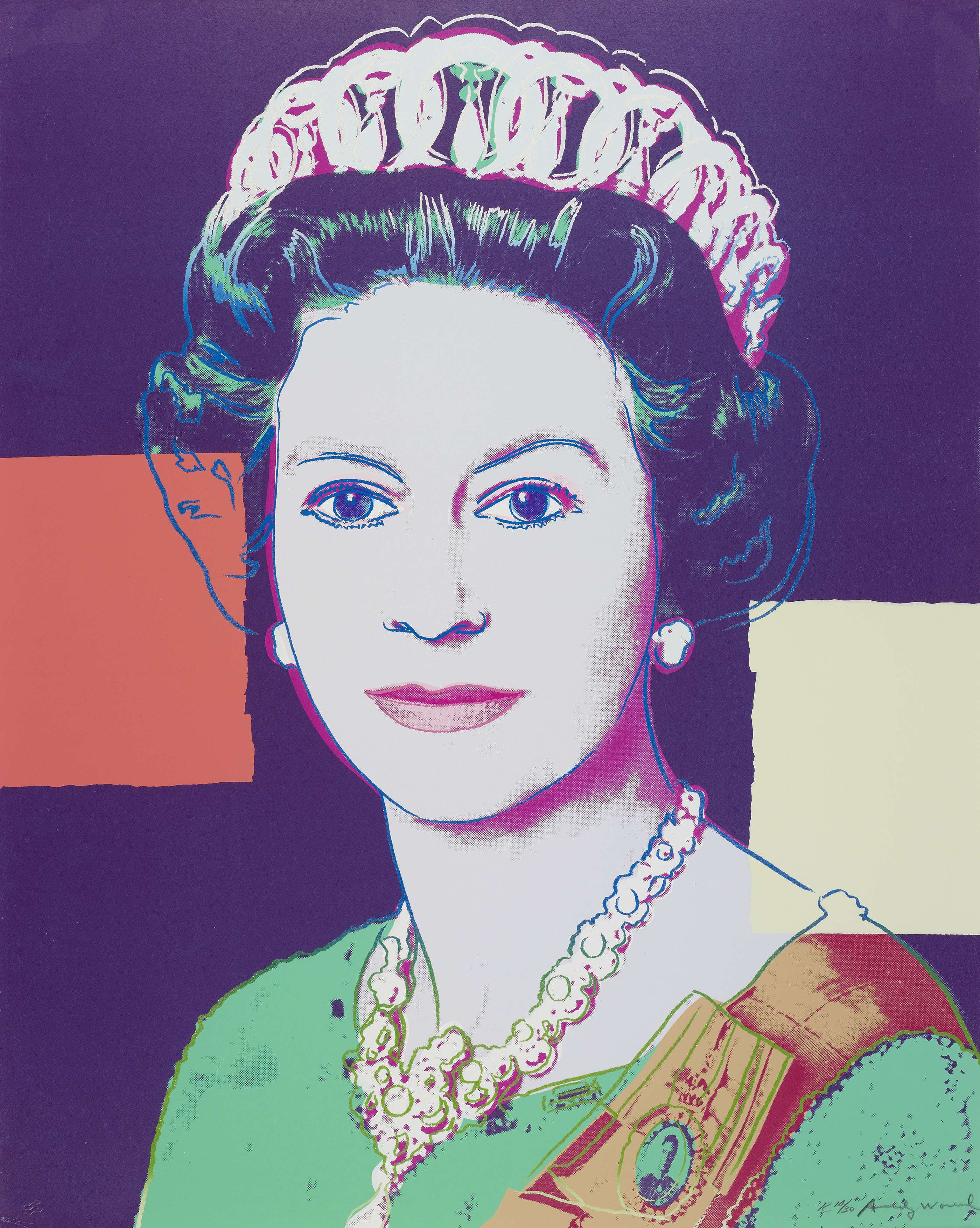 A portrait by Andy Warhol of Queen Elizabeth II with lots of different colours