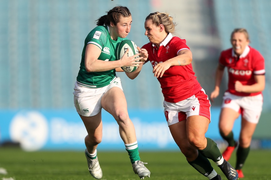 Eve Higgins of Ireland in action against Wales in the Women's Six Nations tournament on March 26, 2022