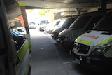 Seven ambulances lined up at the emergency department at the Royal Hobart Hospital.