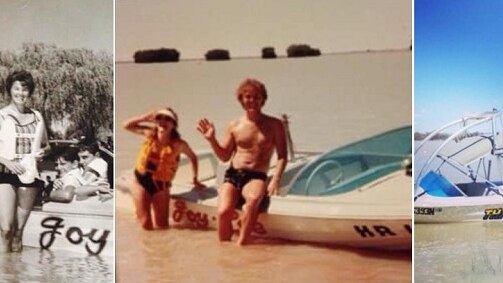 Three photographs; each from different eras with people and a boat.