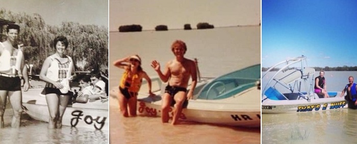 Three photographs; each from different eras with people and a boat.
