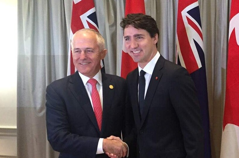 Prime Minister Malcolm Turnbull and Canadian Prime Minister Justin Trudeau shake hands