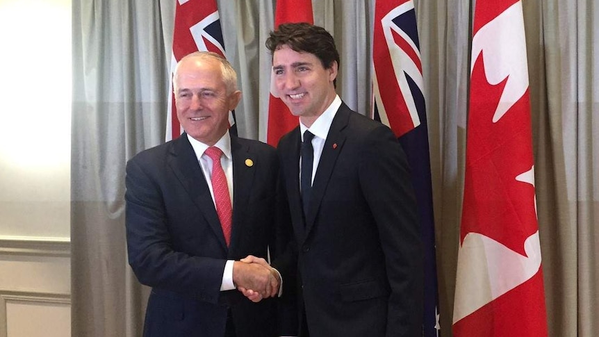 Prime Minister Malcolm Turnbull and Canadian Prime Minister Justin Trudeau shake hands