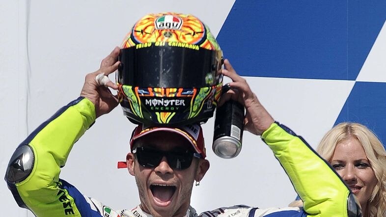 Valentino Rossi celebrates his victory in the Czech MotoGP