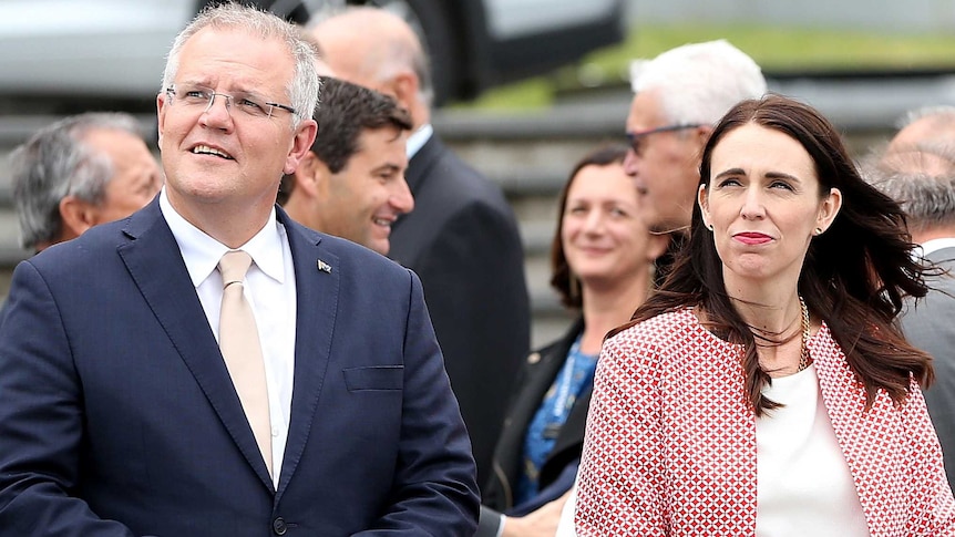 Scott Morrison and Jacinda Ardern are seen together at the War Memorial Museum in Auckland.