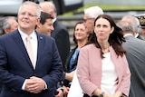 Scott Morrison and Jacinda Ardern are seen together at the War Memorial Museum in Auckland.