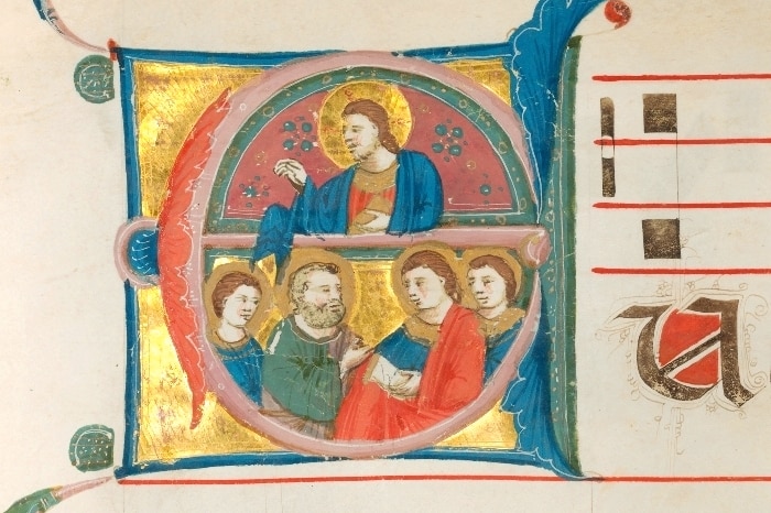 Rimini Antiphonal - Letter E, Christ blessing four saints