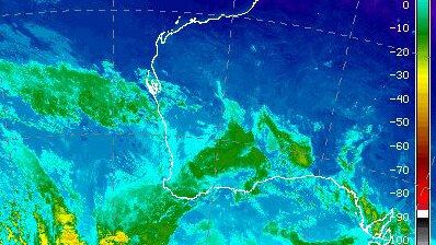 Colourful satellite image showing cloud and a strong cold front to the south west of WA