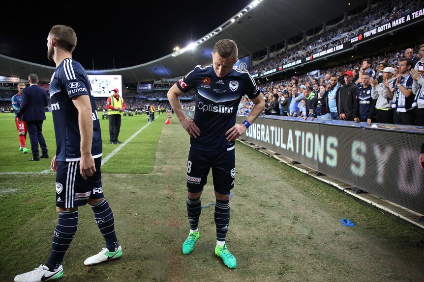 Besart Berisha shows his disappointment after the Victory's grand final loss to the Sky Blues.