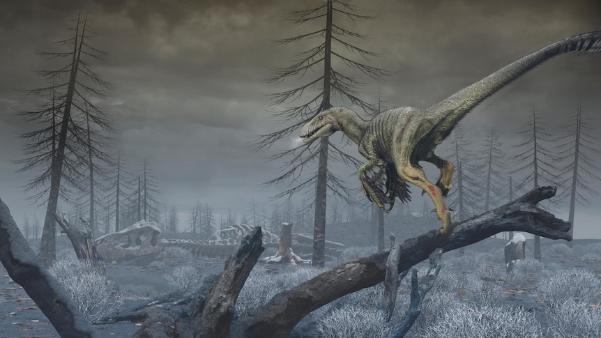 A drawing of a dinosaur running through a dusty forest towards a dinosaur skeleton 