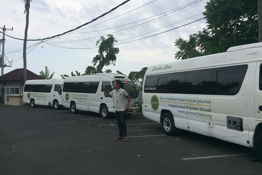 Buses lined up outside a school