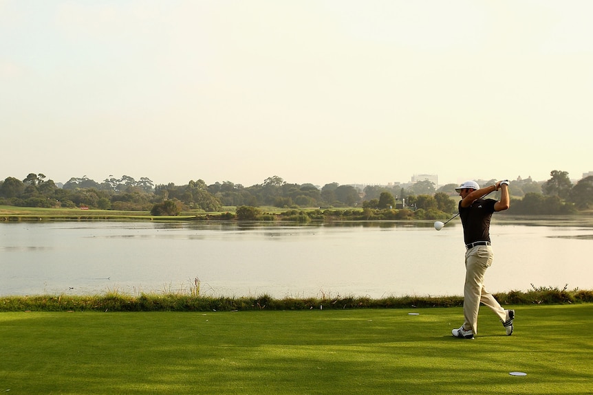 Dustin Johnson teeing off at The Lakes. Good generic shot.