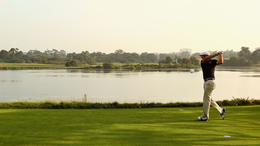 Dustin Johnson teeing off at The Lakes. Good generic shot.