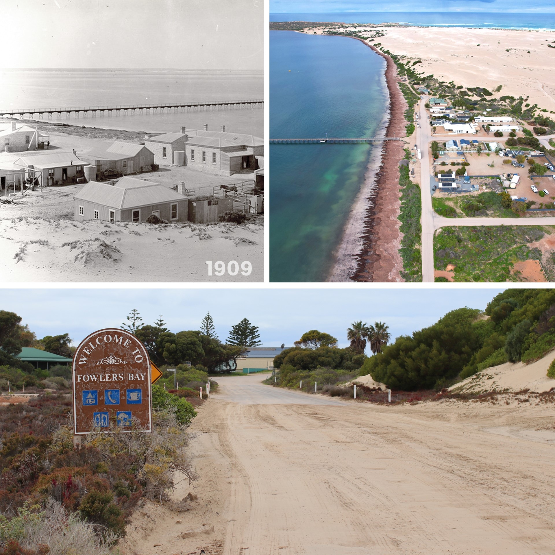 Three photos, one of old town, aerial of town and jetty, and road sign on gravel road