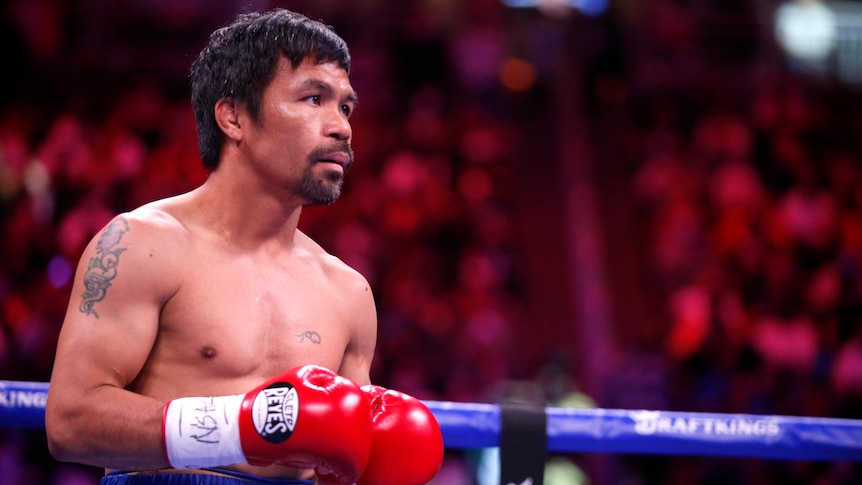 A male boxer stands in the ring with his gloves in front of him during a bout.