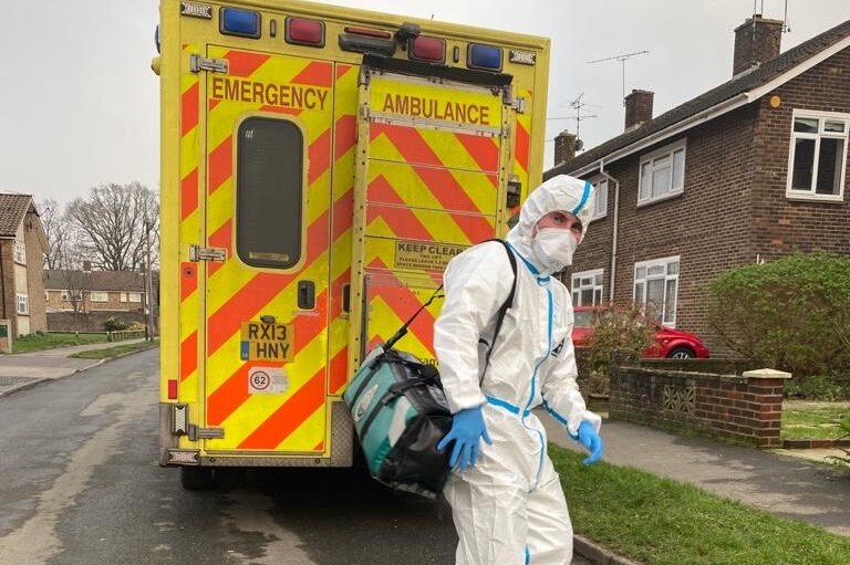 Paramedic Declan Gregg in full PPE in London.
