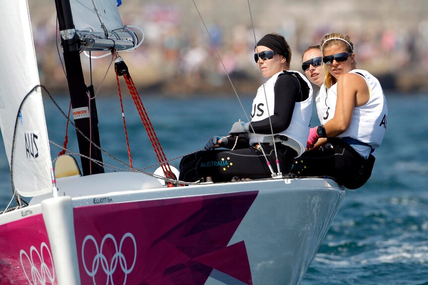 Olivia Price, Nina Curtis and Lucinda Whitty sail before their semi-final in the Elliott 6m class.