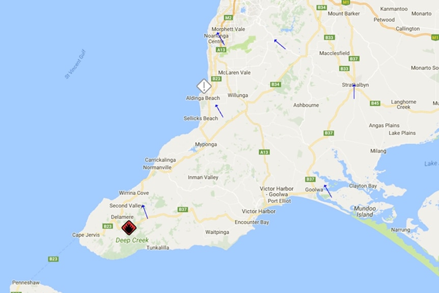 Fires marked on CFS map in the Deep Creek and Maslin Beach areas.