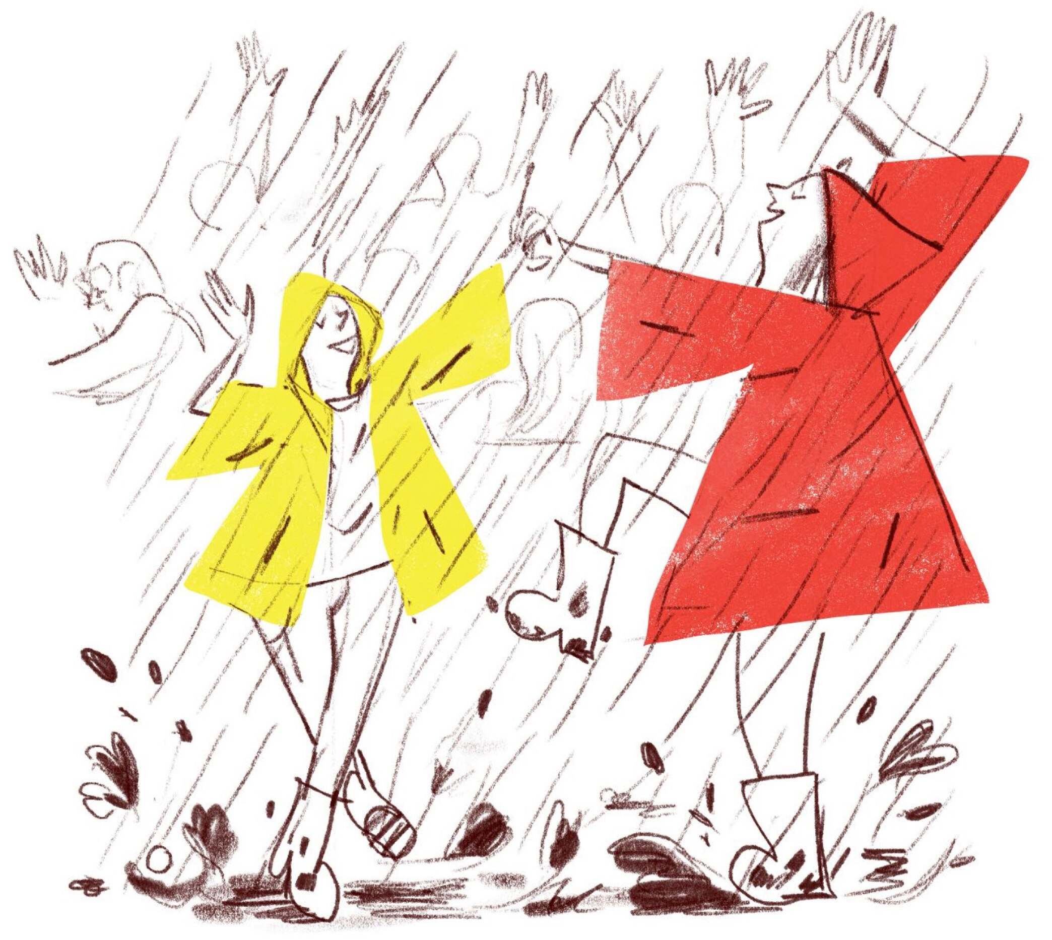 Mother and daughter dance in muddy puddles as rain falls in a simple sketch drawing.