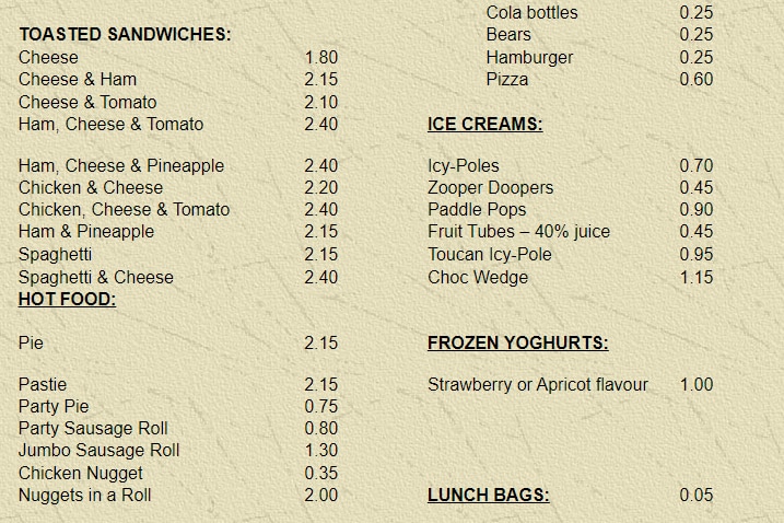 A screenshot of a school canteen menu