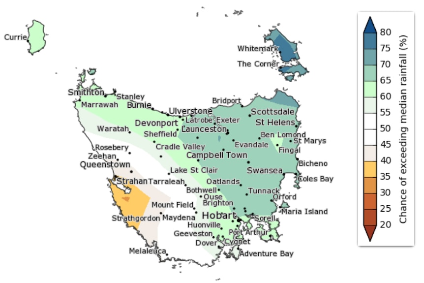 A map of Tasmania showing the percentage chance of exceeding median rainfall in summer of 2020/2021.