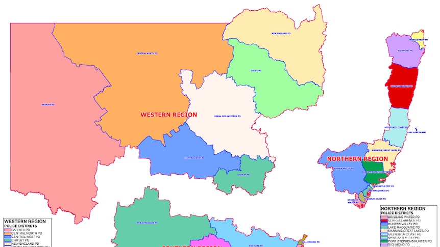 A map outlining new boundaries of for the NSW Police Districts