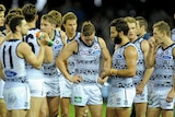 Geelong players disappointed after a loss to Carlton at Docklands on May 29, 2016.