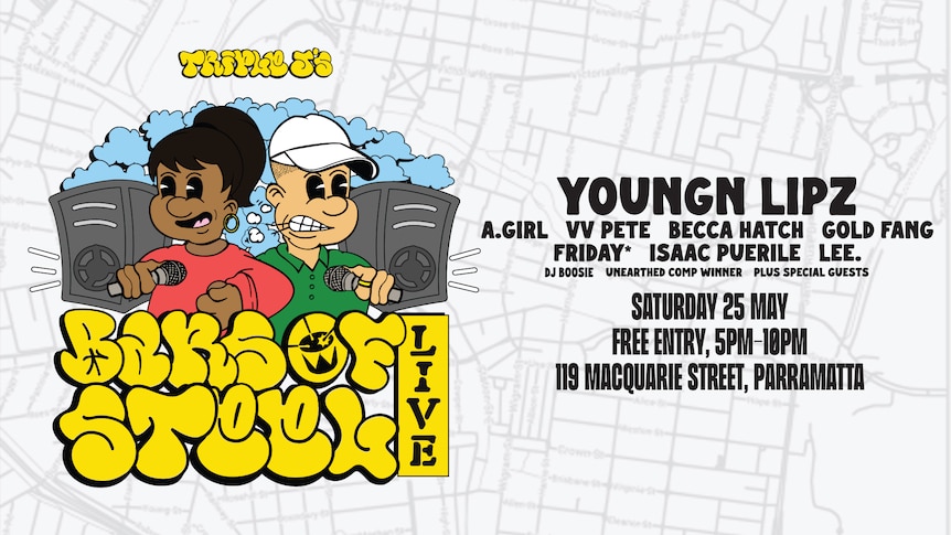 Poster for Bars of Steel live featuring two cartoon people and a sound system over a map of Parramatta