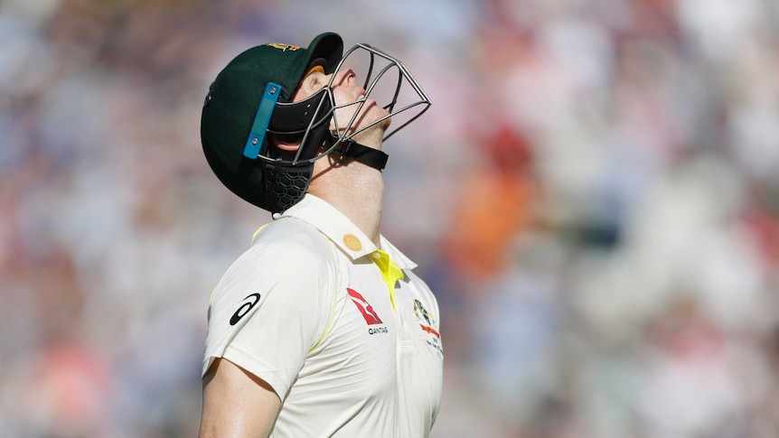 Australia batsman Steve Smith looks up to the sky with a pained look on his face after getting out in an Ashes Test.