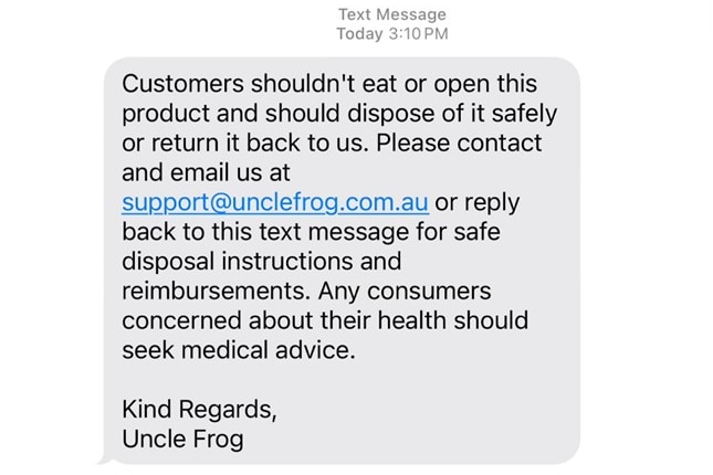 A text message sent to customers of Uncle Frog