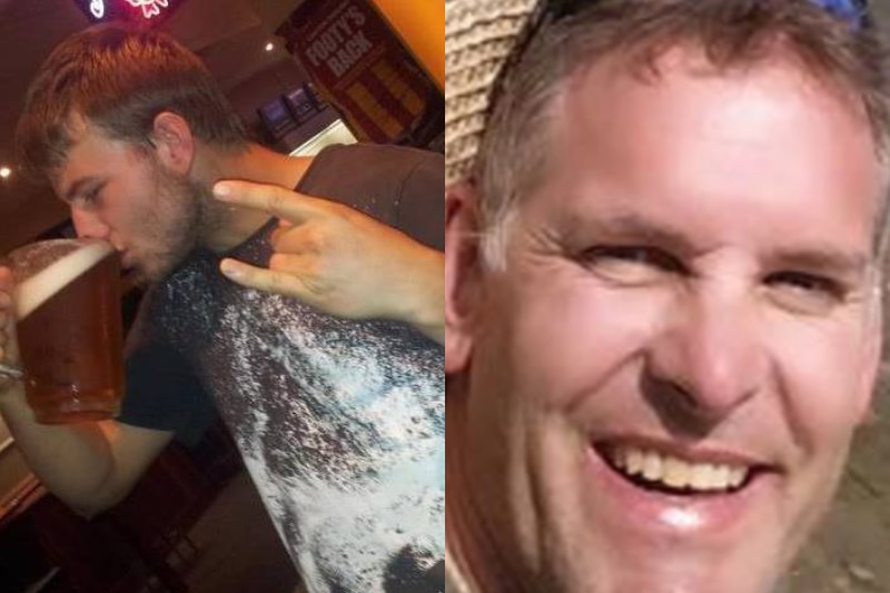 A composite picture of two men, the first one is skulling a beer, the second is smiling.
