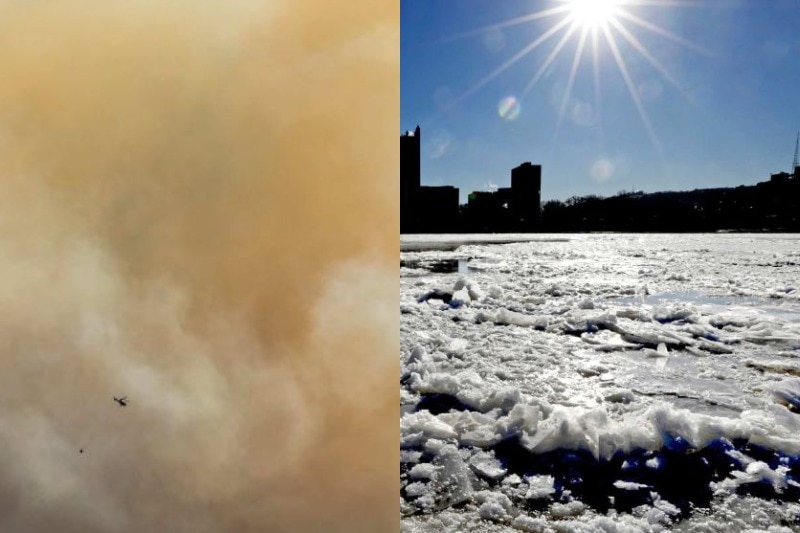 A composite image of a firefighter in Tasmanian scrub and a fountain freezing over in Washington with a man in blue.