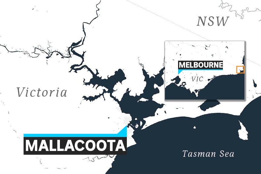 A map shows where Mallacoota is in eastern Victoria with an inset map of Victoria showing it in relation to Melbourne.