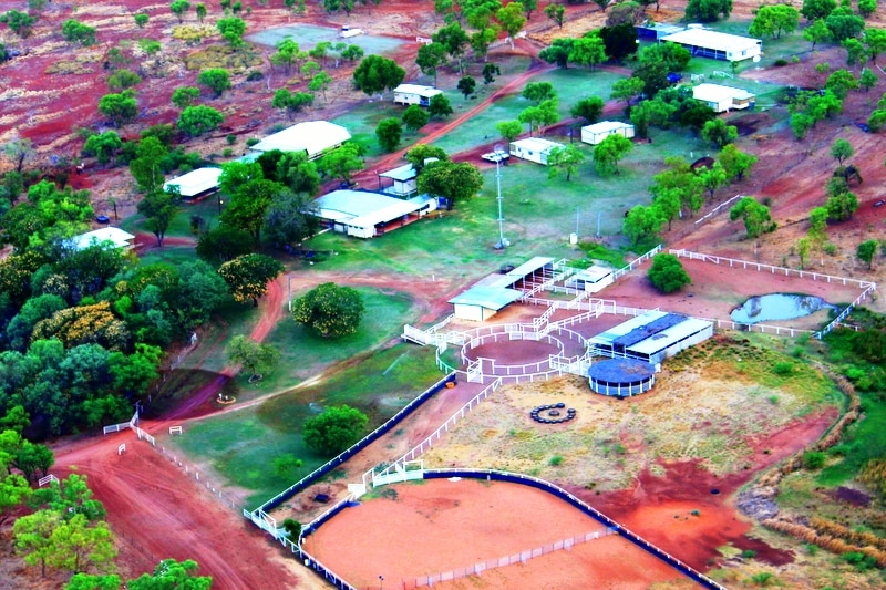 An aerial picture of the Mistake Creek station homestead, cattle yards and horse riding arena.