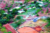 An aerial picture of the Mistake Creek station homestead, cattle yards and horse riding arena.