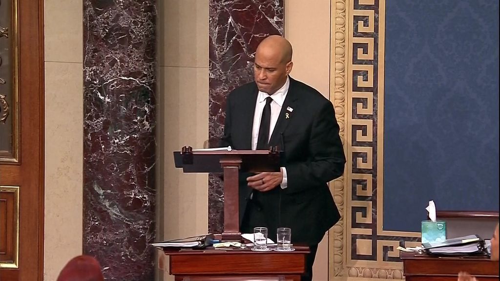 Senator Cory Booker speaks for record time on Senate floor, criticising Trump and Musk - ABC News