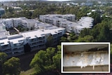 A drone shot of an apartment complex and a close up of water damage to a balcony.