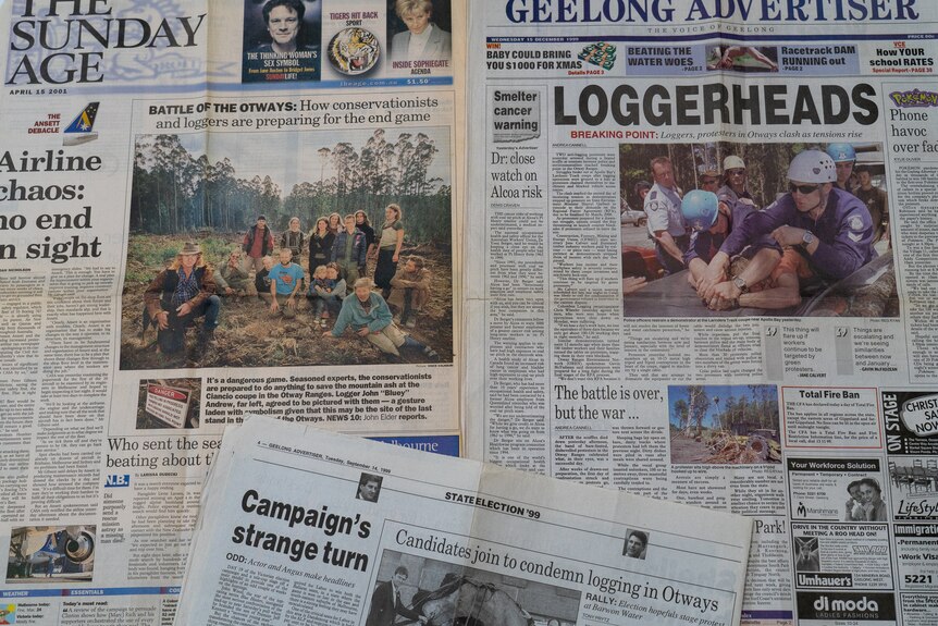 Newspapers spread on a table showing coverage of Otways logging debate