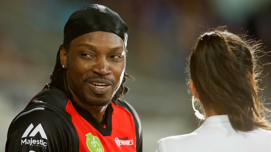 Chris Gayle is interviewed after his Big Bash League innings