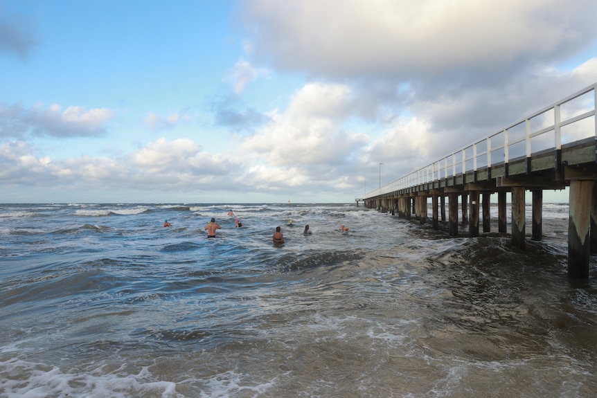 Nicole Chester and other swimmers swimming out into the ocean, next to a pier.