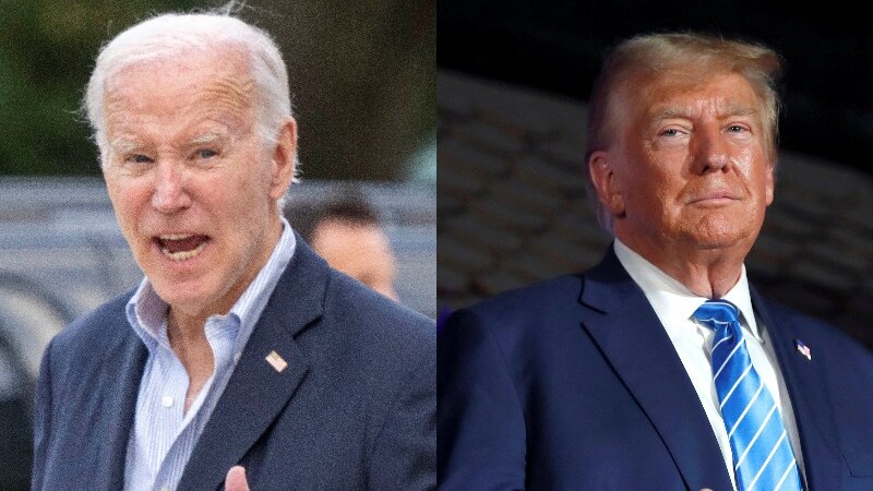 Joe Biden and Donald Trump do thumbs-up signals in two separate images.