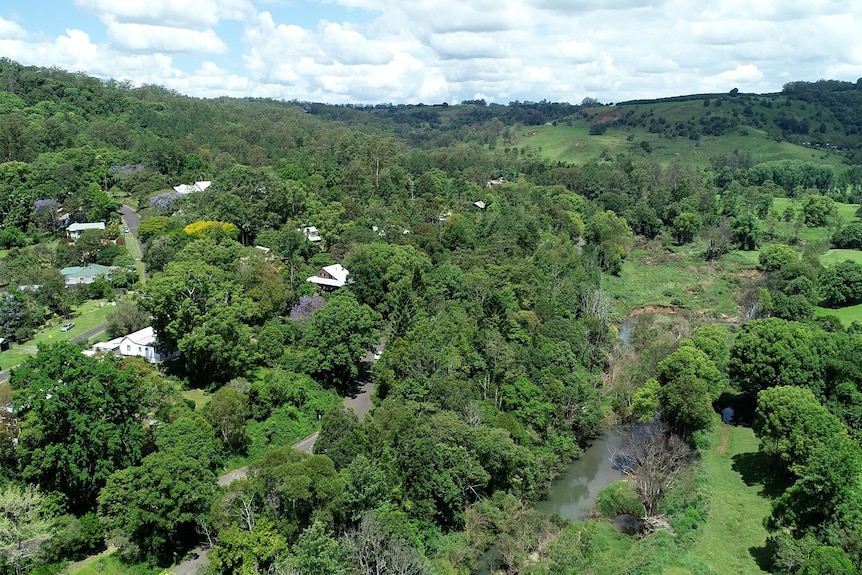 An aerial pic of trees, dotted houses and a creek