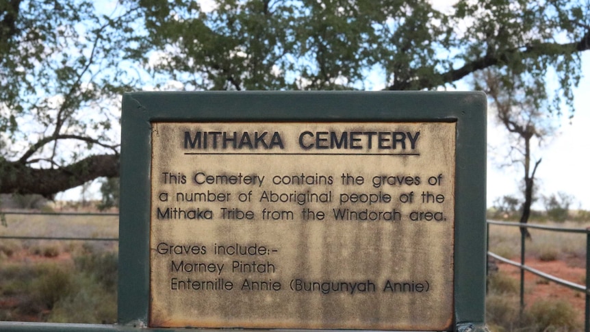 Plaque of two Indigenous grave sites found outside the Windorah cemetery with the names Morney Pintah and Eternille Annie