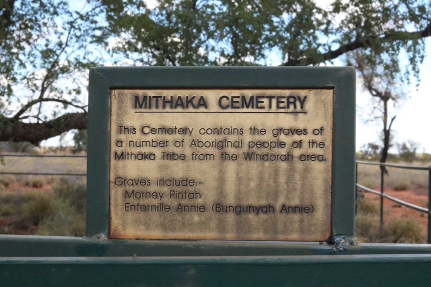 Plaque of two Indigenous grave sites found outside the Windorah cemetery with the names Morney Pintah and Eternille Annie