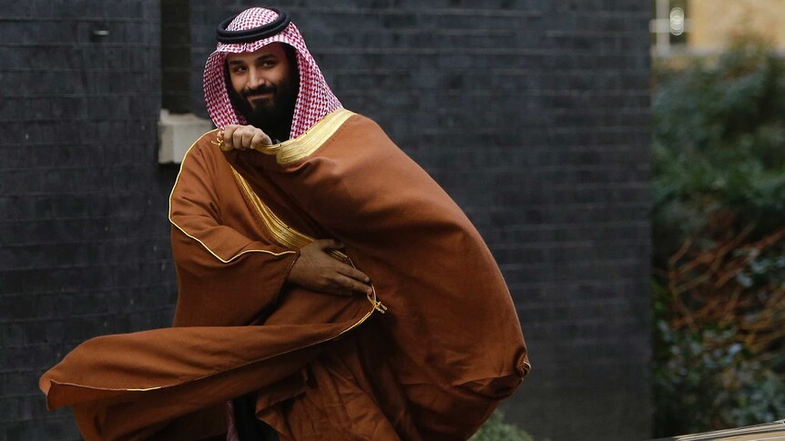 Saudi Arabian Crown Prince Mohammed bin Salman outside 10 Downing Street in London.