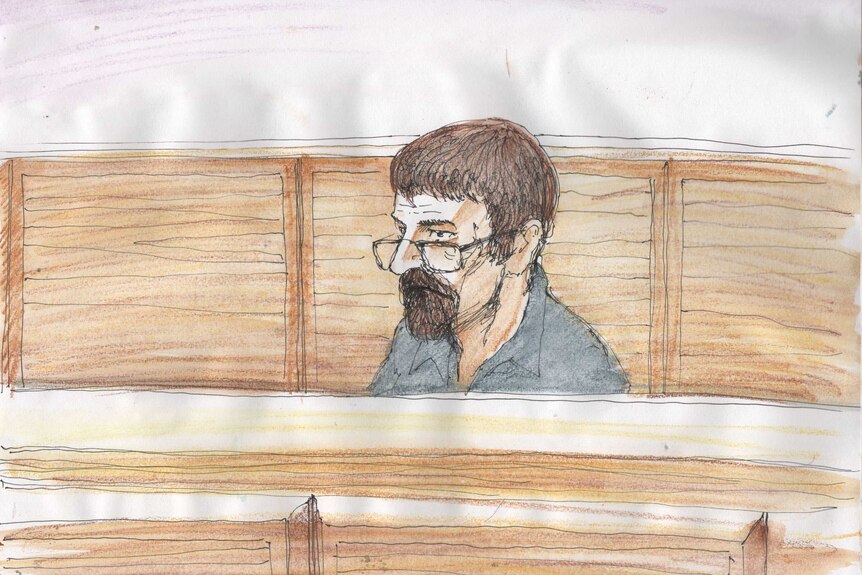 A sketch of a Gene Bristow sitting in an Adelaide court