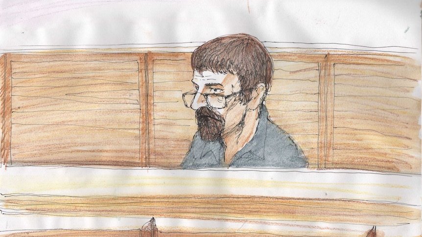 A sketch of a Gene Bristow sitting in an Adelaide court