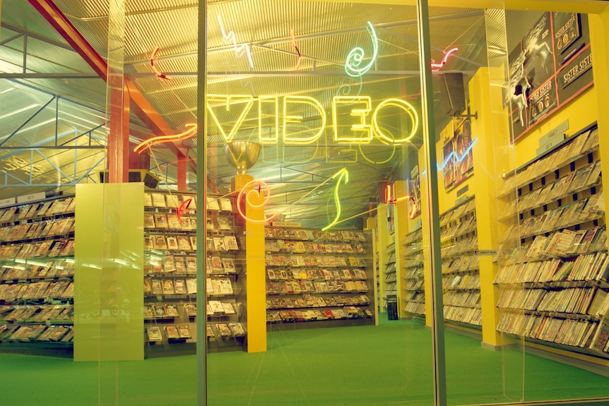 A video store as seen through the shop window