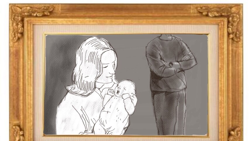 An illustration shows a woman, cradling her new baby, while her husband looks on, arms folded.